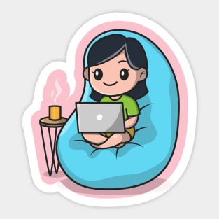 Cute Girl Working On Laptop Cartoon Sticker